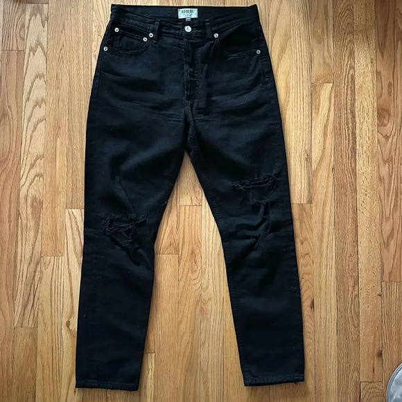Agolde sz 27 jeans black intentional distressed knees great pre owned condition - Picture 1 of 8